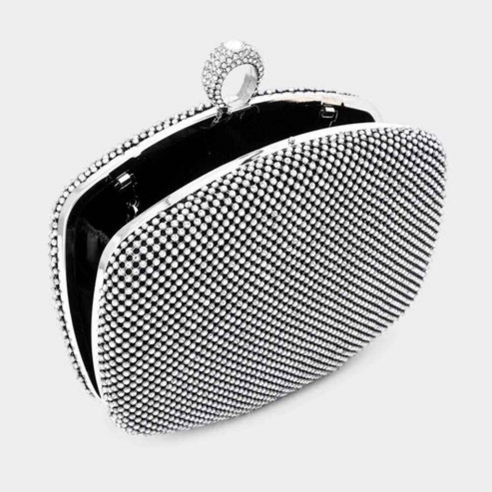 Black Clutch Ring Rhinestone Crystal Purse Bling Formal Evening Crossbody Bag